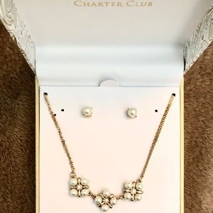 Pearl & Gold Necklace & Earring Set - Char…